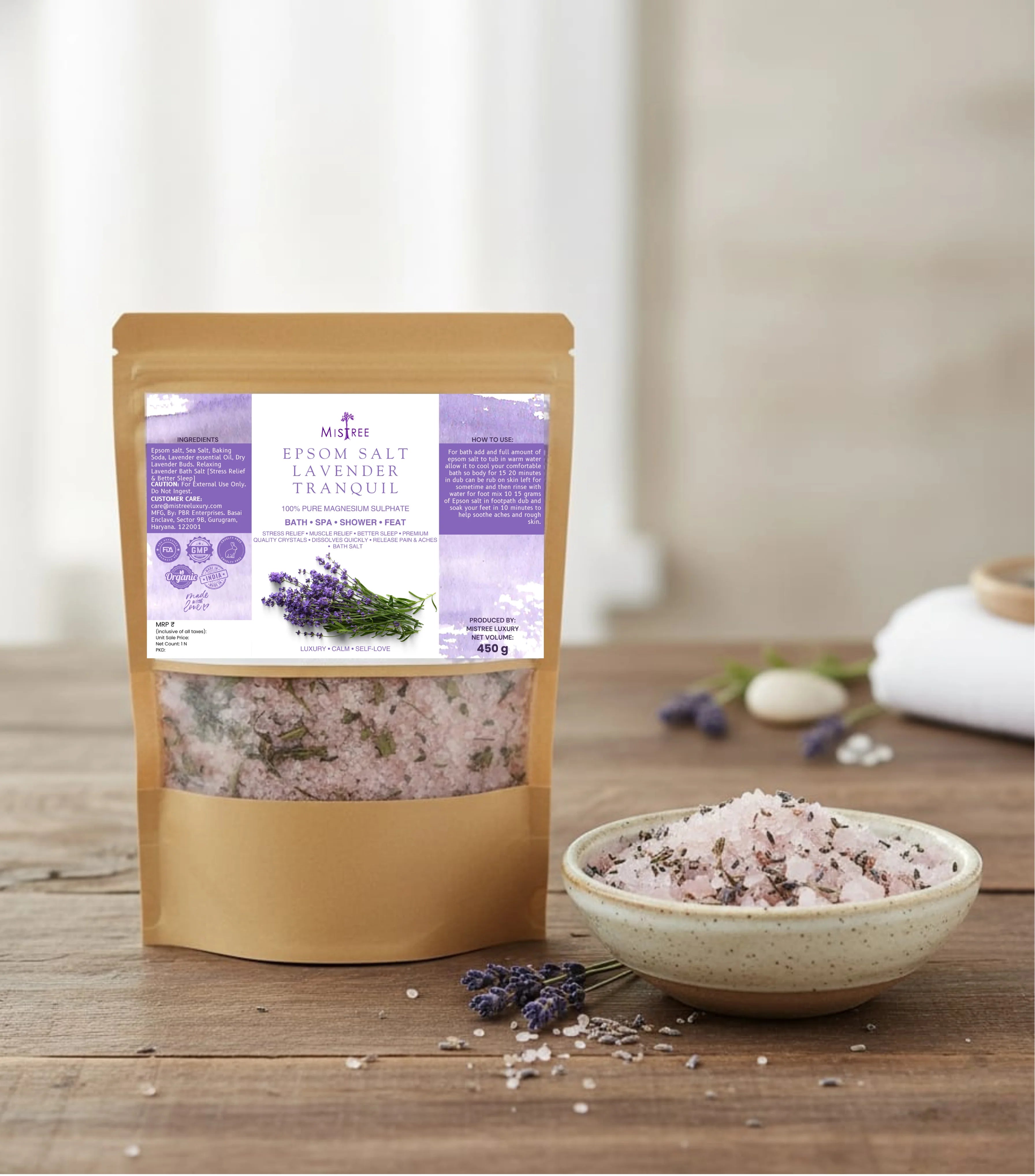 Mistree Luxury Lavender Bath Salt | Body & Foot Soak | After-Gym Relaxation & Aromatherapy | Epsom Salt 450g