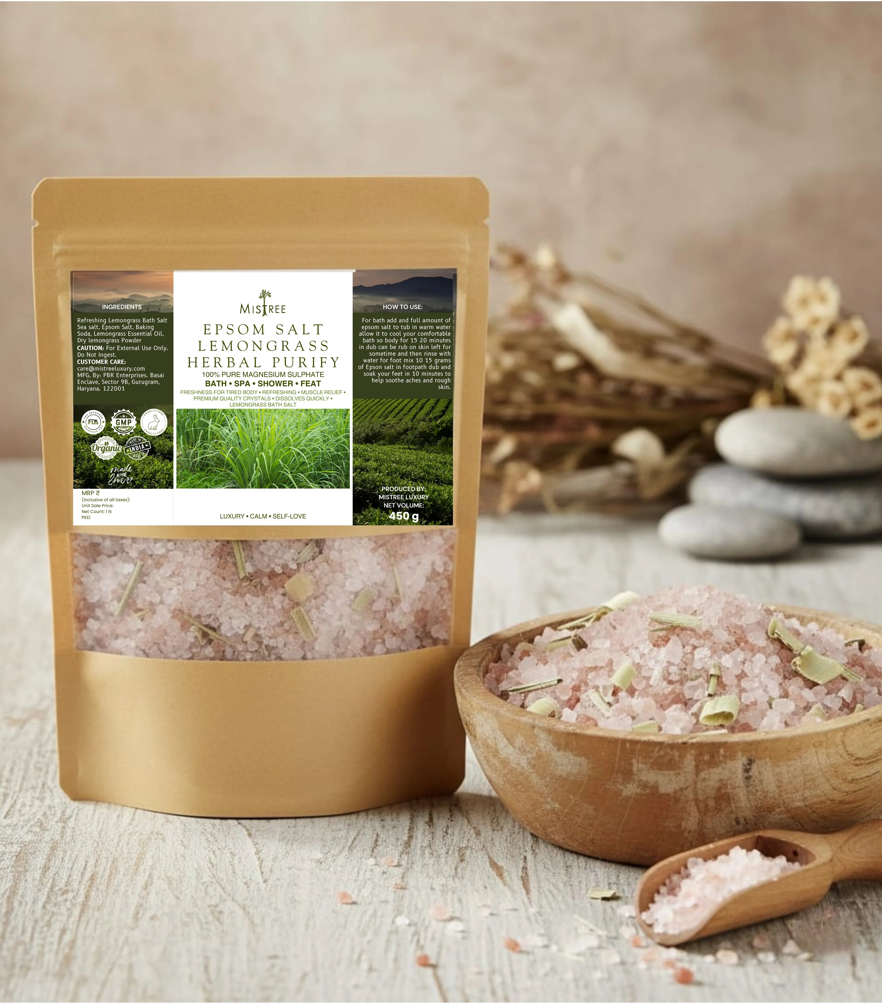 Mistree Luxury Epsom Lemongrass Bath Salt | Body & Foot Spa | Relaxation & Muscle Relief | Aromatherapy Sea Salt 450g