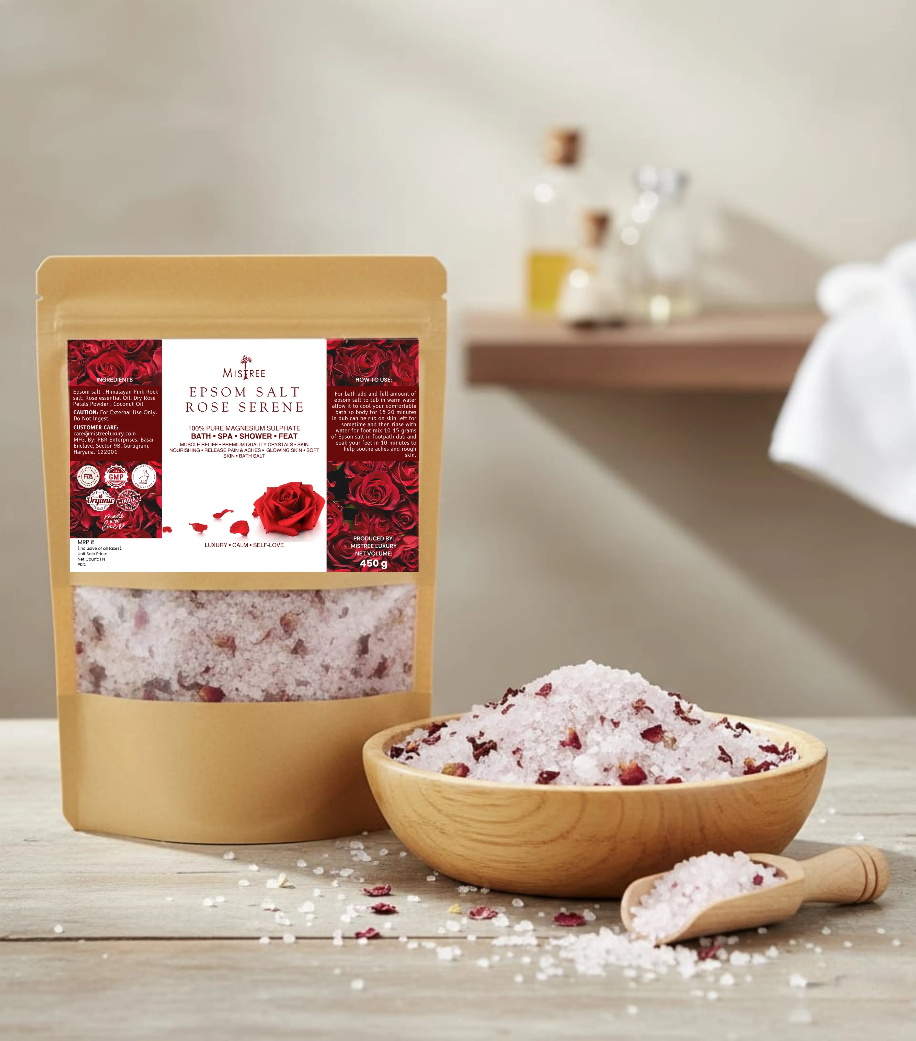 Mistree Rose Epsom Bath Salt | Foot & Body Soak | Relaxation, Pain Relief & Skin Nourishment | 450g