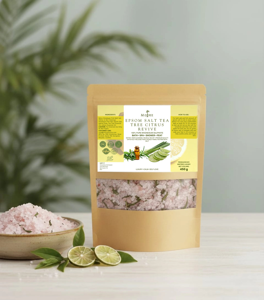 Mistree Luxury Epsom Salt Tea Tree Citrus Revive Foot Soak | Detox & Skin Cleanse | Muscle Relief | Himalayan Pink Bath Salt 450g