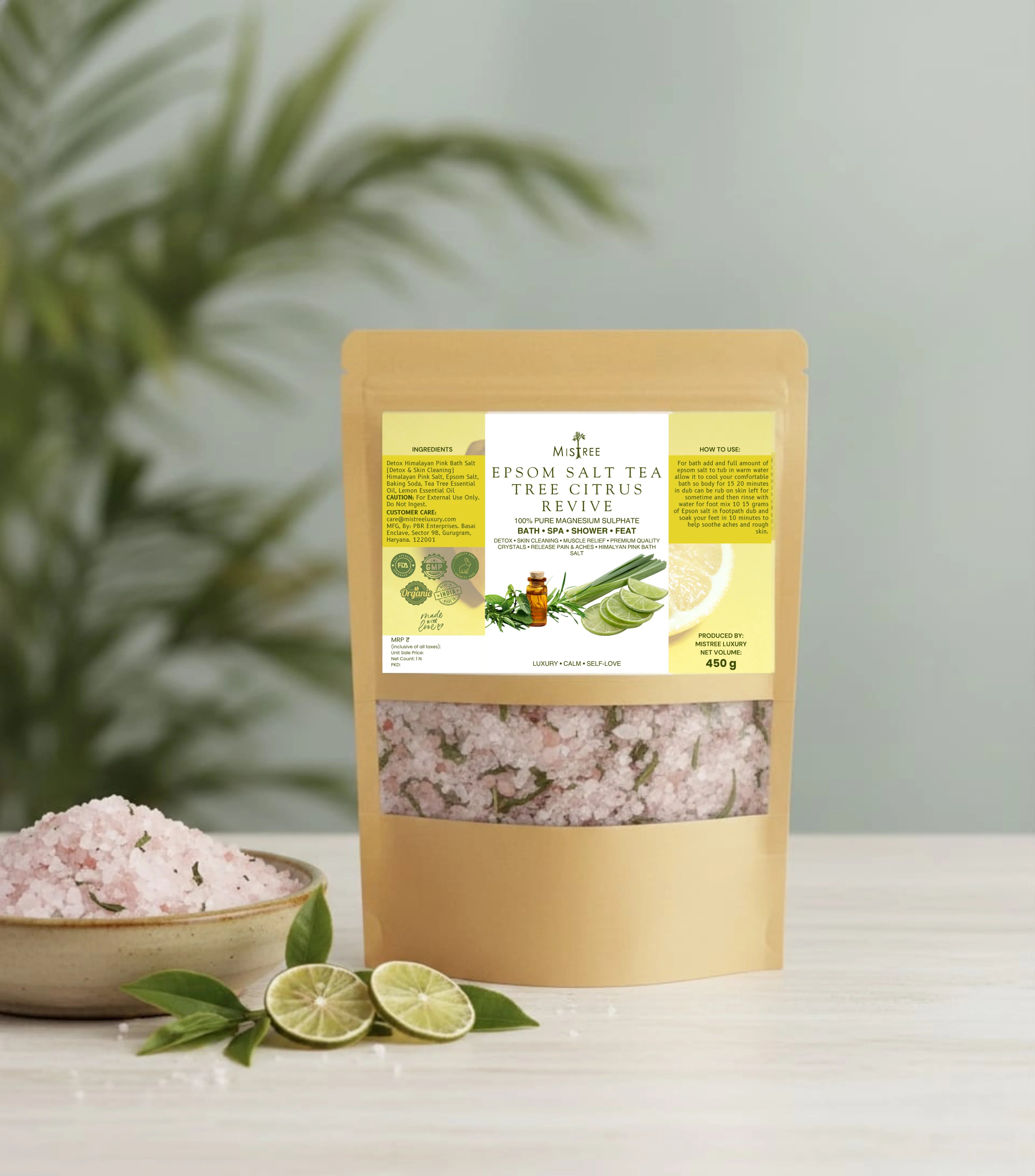 Mistree Luxury Epsom Salt Tea Tree Citrus Revive Foot Soak | Detox & Skin Cleanse | Muscle Relief | Himalayan Pink Bath Salt 450g