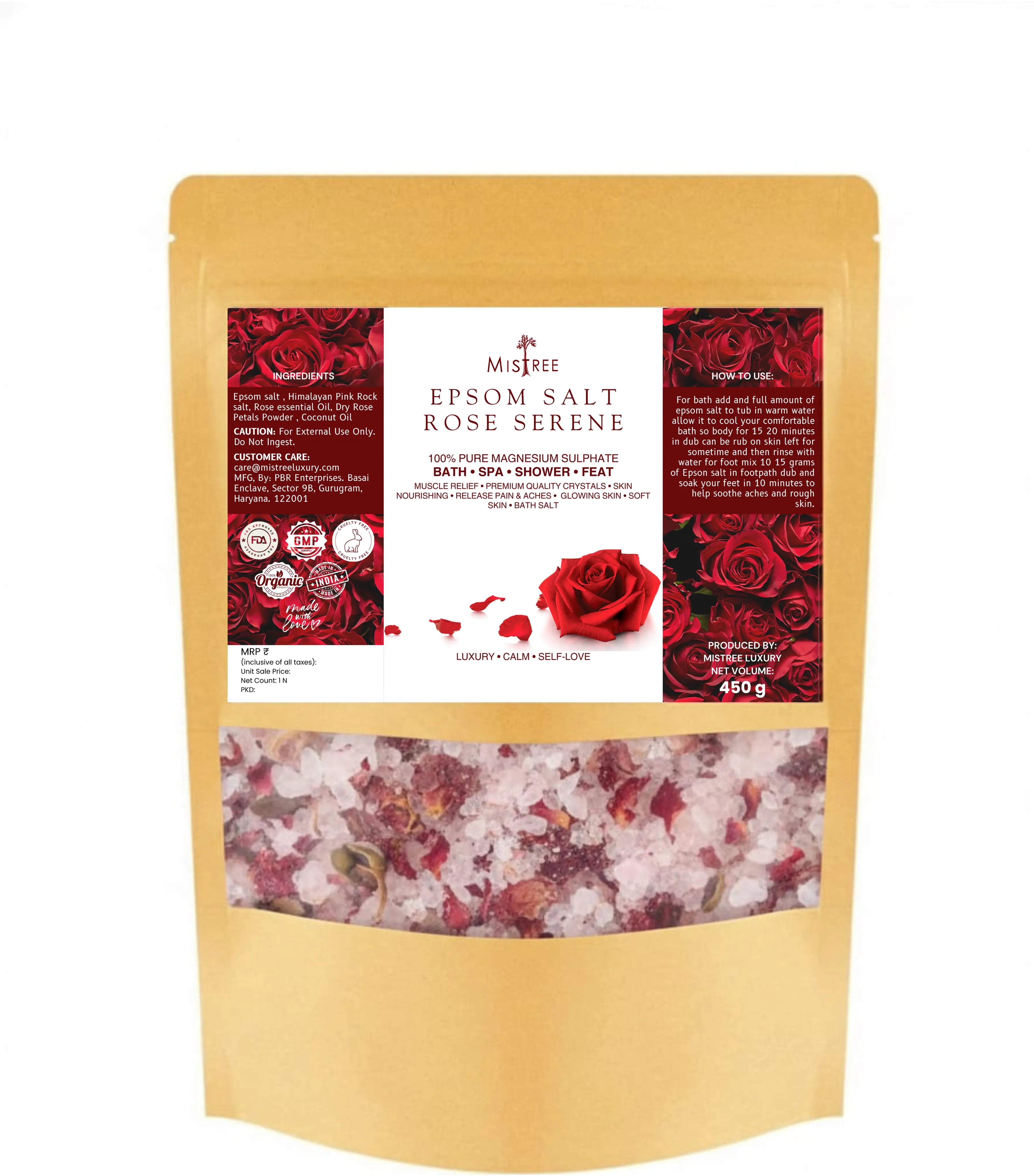 Mistree Rose Epsom Bath Salt | Foot & Body Soak | Relaxation, Pain Relief & Skin Nourishment | 450g