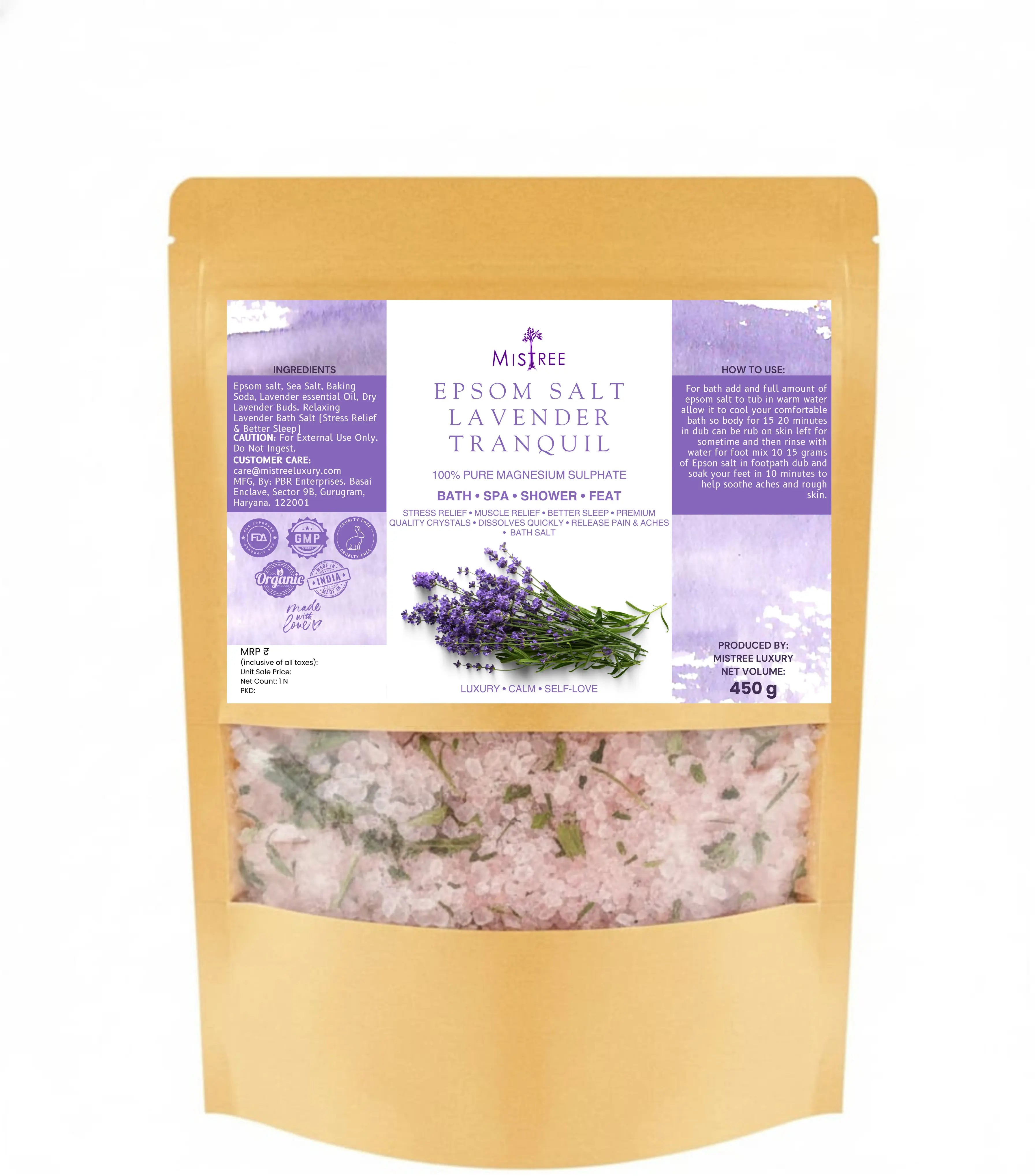 Mistree Luxury Lavender Bath Salt | Body & Foot Soak | After-Gym Relaxation & Aromatherapy | Epsom Salt 450g