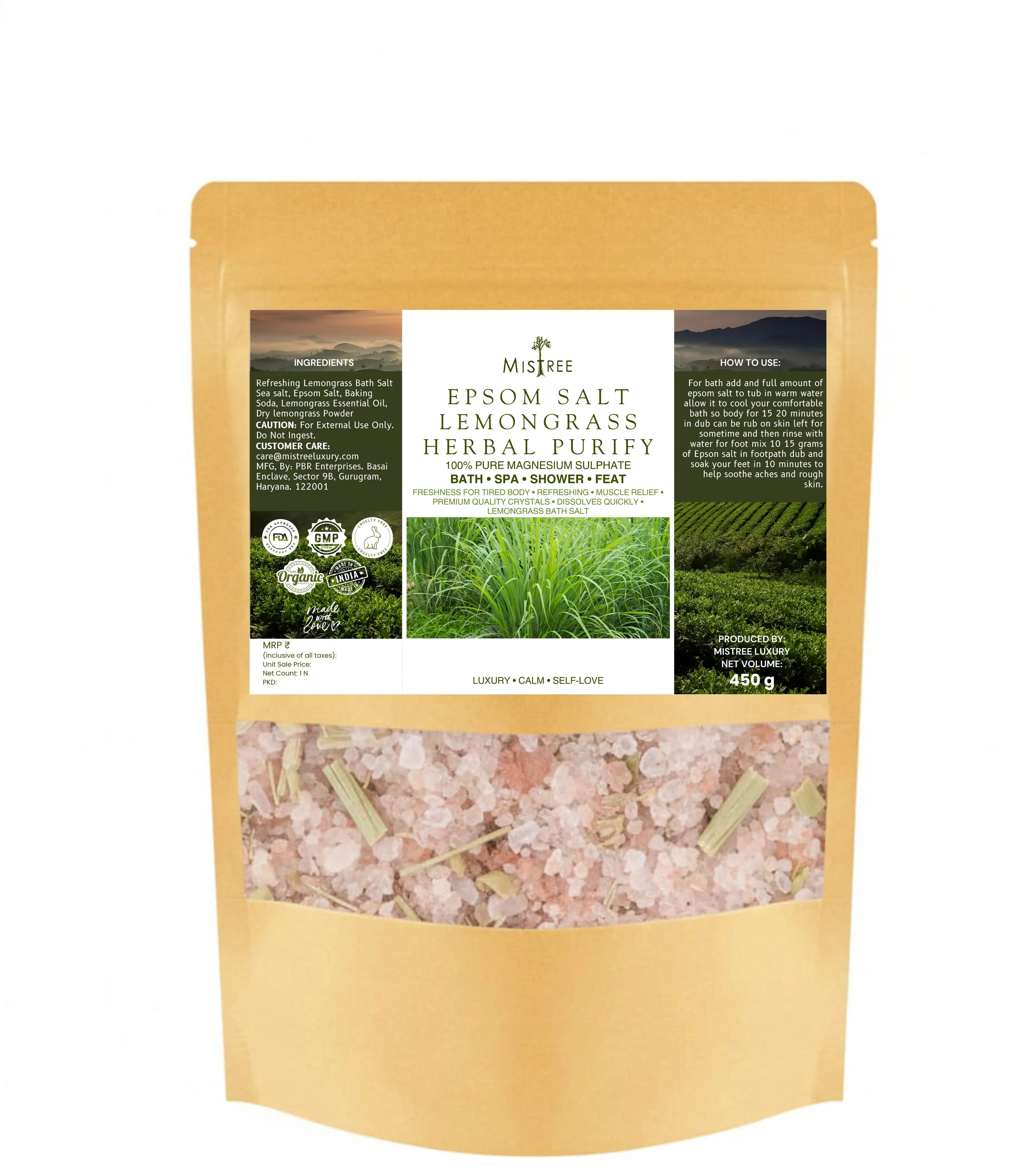 Mistree Luxury Epsom Lemongrass Bath Salt | Body & Foot Spa | Relaxation & Muscle Relief | Aromatherapy Sea Salt 450g