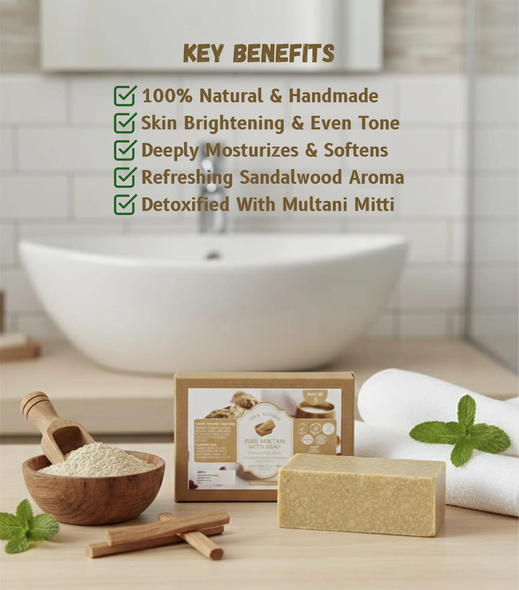 Mistree Luxury Multani Mitti Handmade Soap – Natural Fuller's Earth Bath Bar for Oily & Combination Skin Deep Cleansing (Pack of 3 x 125g)
